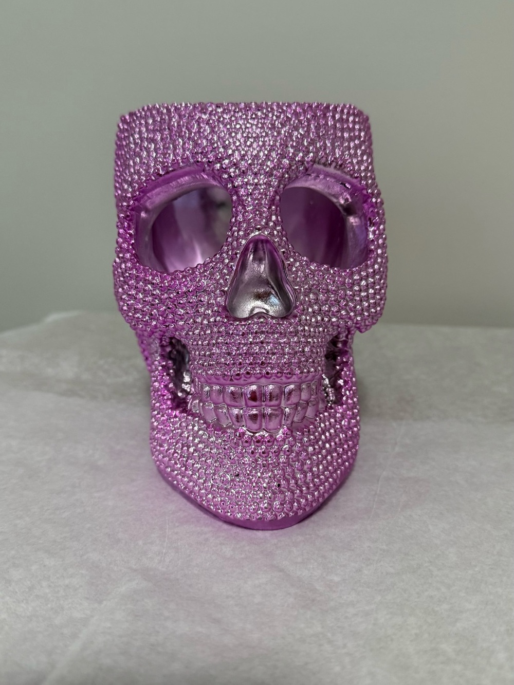 Pink Skull Makeup Brush Holder Raised Metallic Vanity Decor